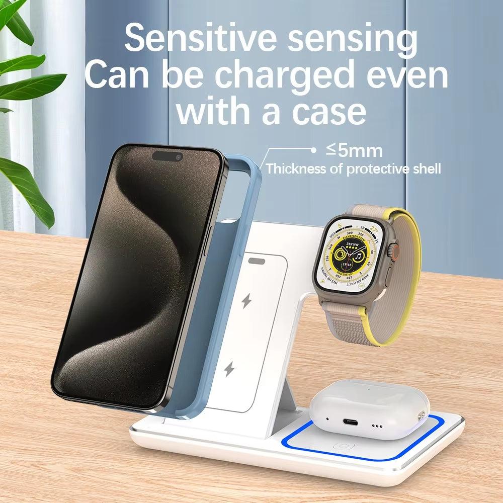 30W 3 in 1 LED Fast Wireless Charger Stand Foldable Charging Station for Iphone 15 14 13 12 11 Apple Watch 9 8 7 6 5 Airpods Pro