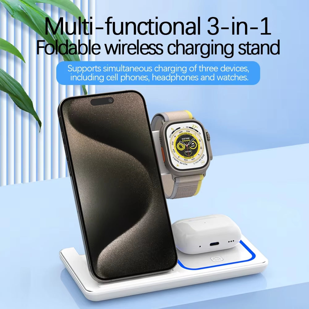 30W 3 in 1 LED Fast Wireless Charger Stand Foldable Charging Station for Iphone 15 14 13 12 11 Apple Watch 9 8 7 6 5 Airpods Pro