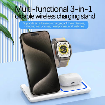 30W 3 in 1 LED Fast Wireless Charger Stand Foldable Charging Station for Iphone 15 14 13 12 11 Apple Watch 9 8 7 6 5 Airpods Pro
